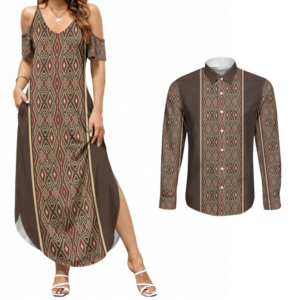 Mabuhay Philippines Festival Couples Matching Summer Maxi Dress and Long Sleeve Button Shirt Tnalak Modern Filipiniana Inspired LT14 Brown - Polynesian Pride