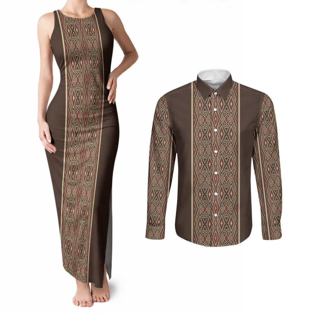 Mabuhay Philippines Festival Couples Matching Tank Maxi Dress and Long Sleeve Button Shirt Tnalak Modern Filipiniana Inspired