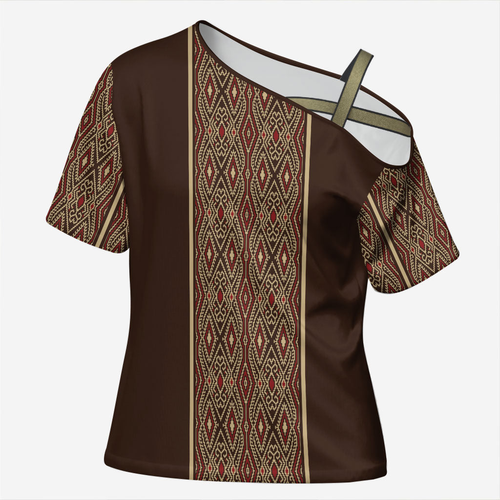 Mabuhay Philippines Festival Cross Shoulder Shirt Tnalak Modern Filipiniana Inspired LT14 Female Brown - Polynesian Pride