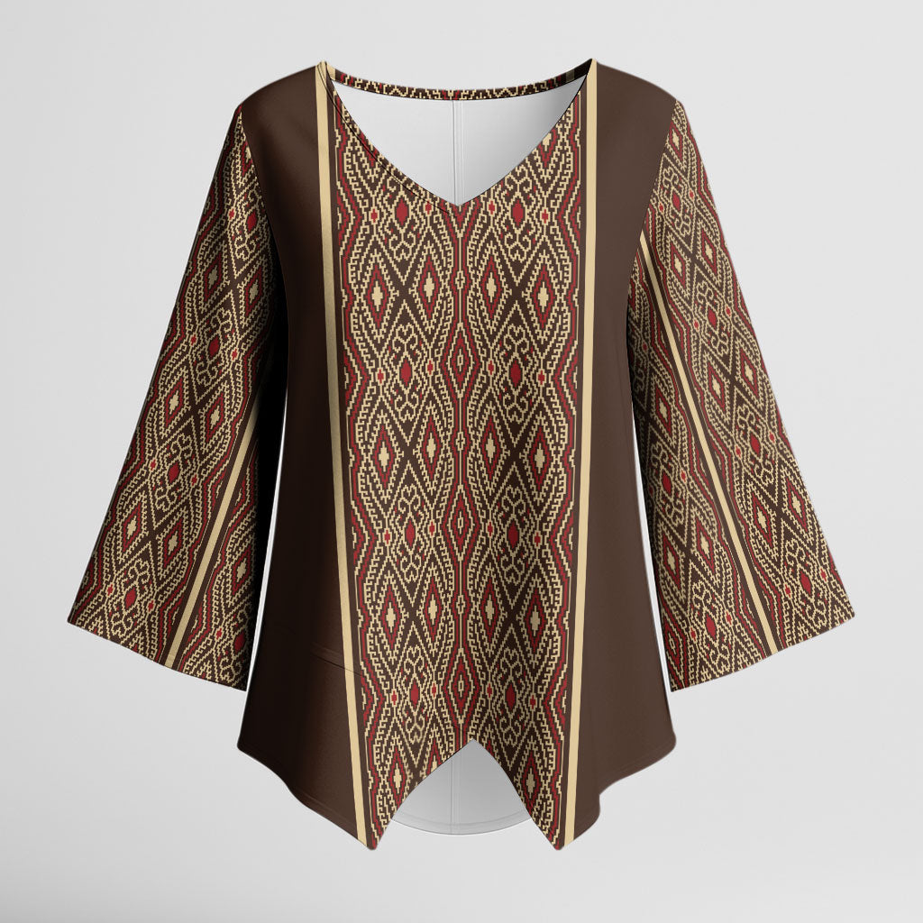 Mabuhay Philippines Festival Kimono Sleeve Blouse Tnalak Modern Filipiniana Inspired LT14 Female Brown - Polynesian Pride