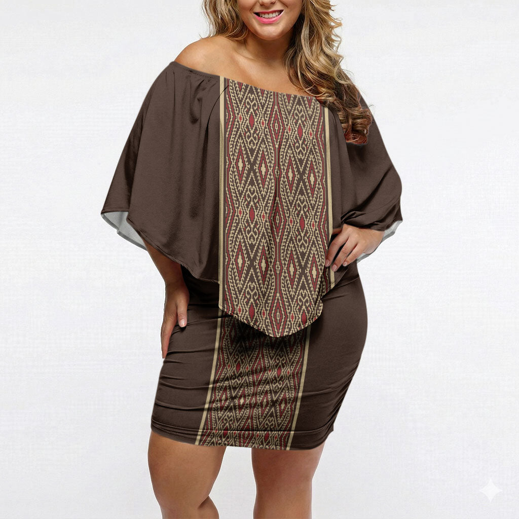 Mabuhay Philippines Festival Off Shoulder Short Dress Tnalak Modern Filipiniana Inspired LT14 Women Brown - Polynesian Pride