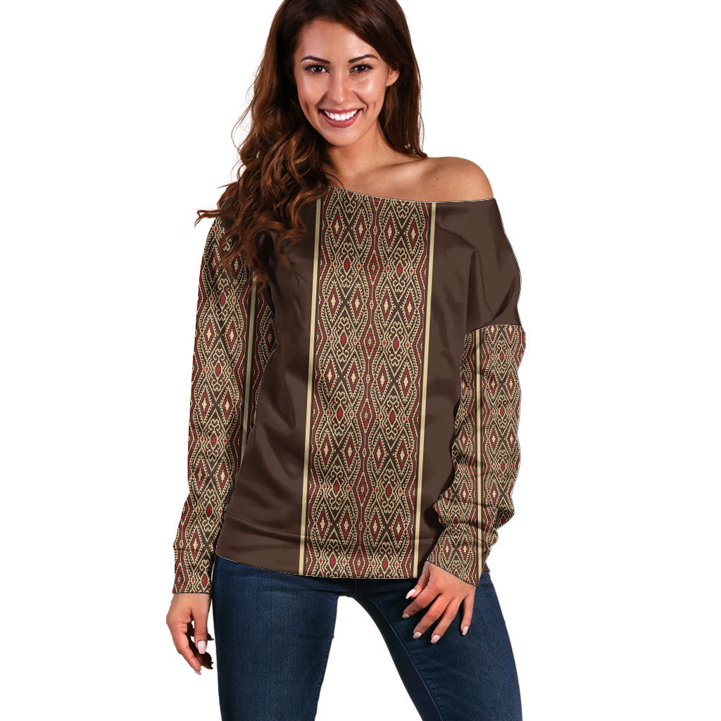 Mabuhay Philippines Festival Off Shoulder Sweater Tnalak Modern Filipiniana Inspired LT14 Women Brown - Polynesian Pride