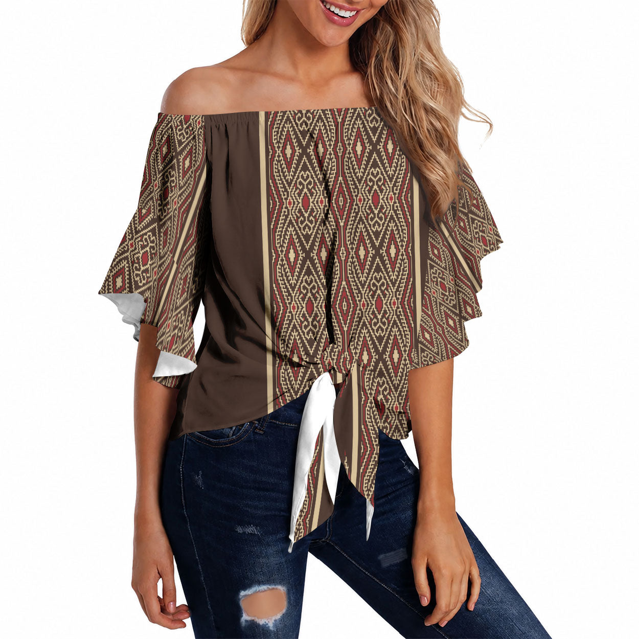 Mabuhay Philippines Festival Off Shoulder Wrap Waist Top Tnalak Modern Filipiniana Inspired LT14 Brown - Polynesian Pride