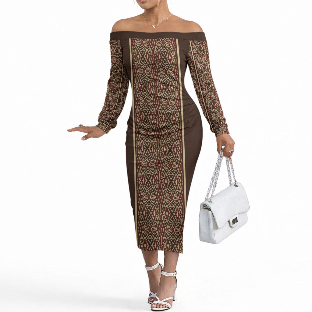 Mabuhay Philippines Festival Off The Shoulder Long Sleeve Dress Tnalak Modern Filipiniana Inspired LT14 Women Brown - Polynesian Pride