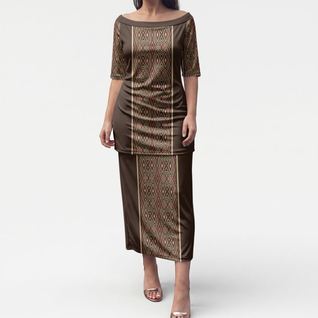Mabuhay Philippines Festival Puletasi Tnalak Modern Filipiniana Inspired LT14 Long Dress Brown - Polynesian Pride
