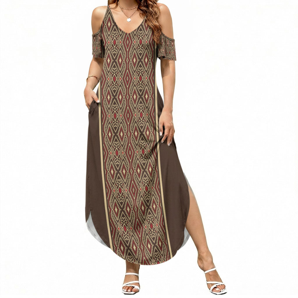 Mabuhay Philippines Festival Summer Maxi Dress Tnalak Modern Filipiniana Inspired LT14 Women Brown - Polynesian Pride