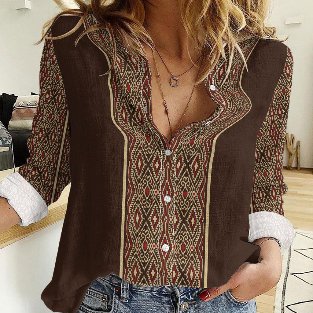 Mabuhay Philippines Festival Women Casual Shirt Tnalak Modern Filipiniana Inspired LT14 Female Brown - Polynesian Pride