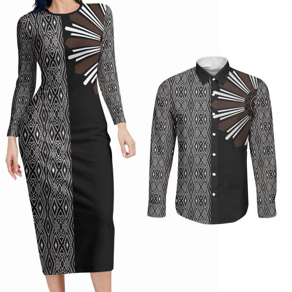 Mabuhay Philippines Festival Couples Matching Long Sleeve Bodycon Dress and Long Sleeve Button Shirt Araw Tnalak Modern Filipiniana Inspired LT14 Black - Polynesian Pride