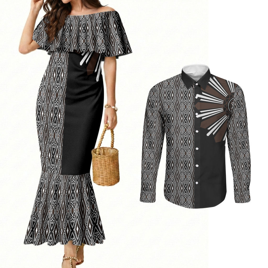 Mabuhay Philippines Festival Couples Matching Mermaid Dress and Long Sleeve Button Shirt Araw Tnalak Modern Filipiniana Inspired