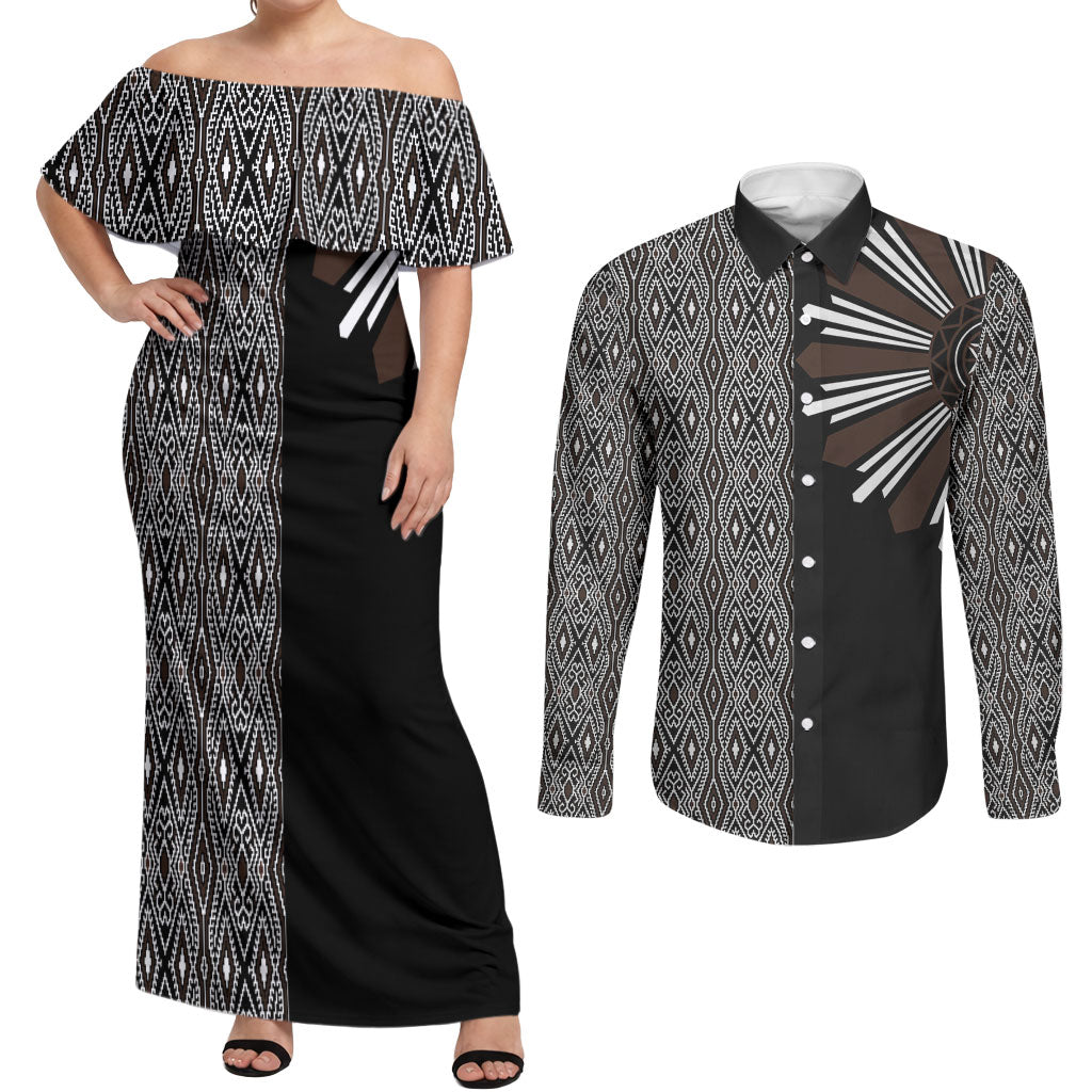Mabuhay Philippines Festival Couples Matching Off Shoulder Maxi Dress and Long Sleeve Button Shirt Araw Tnalak Modern Filipiniana Inspired LT14 Black - Polynesian Pride