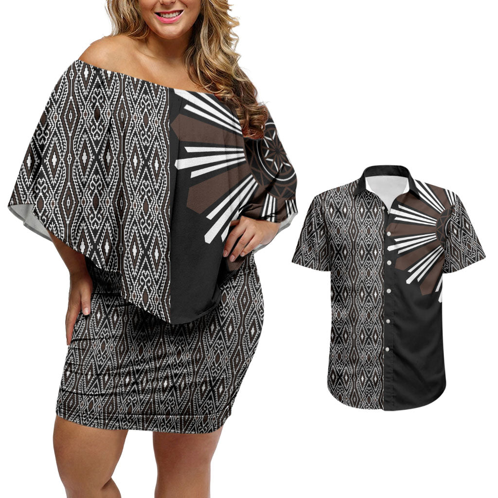 Mabuhay Philippines Festival Couples Matching Off Shoulder Short Dress and Hawaiian Shirt Araw Tnalak Modern Filipiniana Inspired