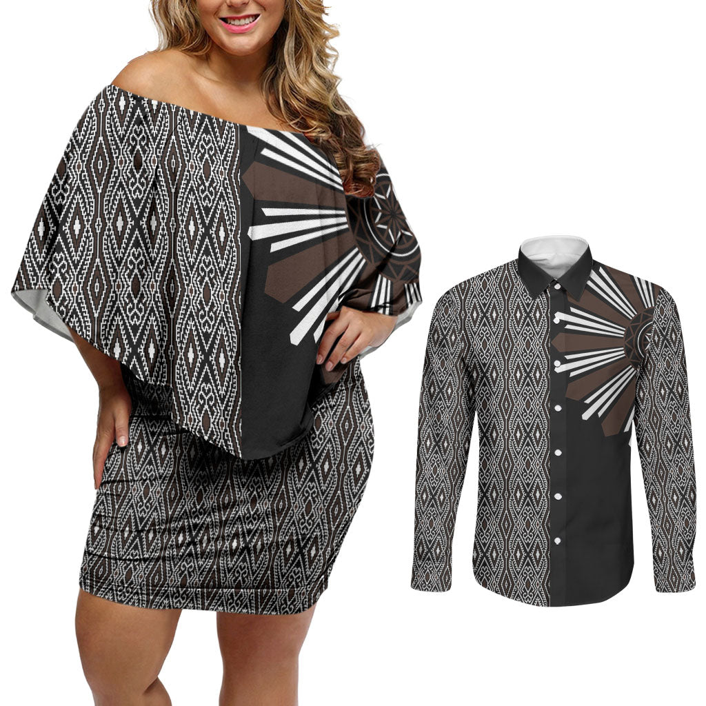 Mabuhay Philippines Festival Couples Matching Off Shoulder Short Dress and Long Sleeve Button Shirt Araw Tnalak Modern Filipiniana Inspired