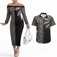 Mabuhay Philippines Festival Couples Matching Off The Shoulder Long Sleeve Dress and Hawaiian Shirt Araw Tnalak Modern Filipiniana Inspired