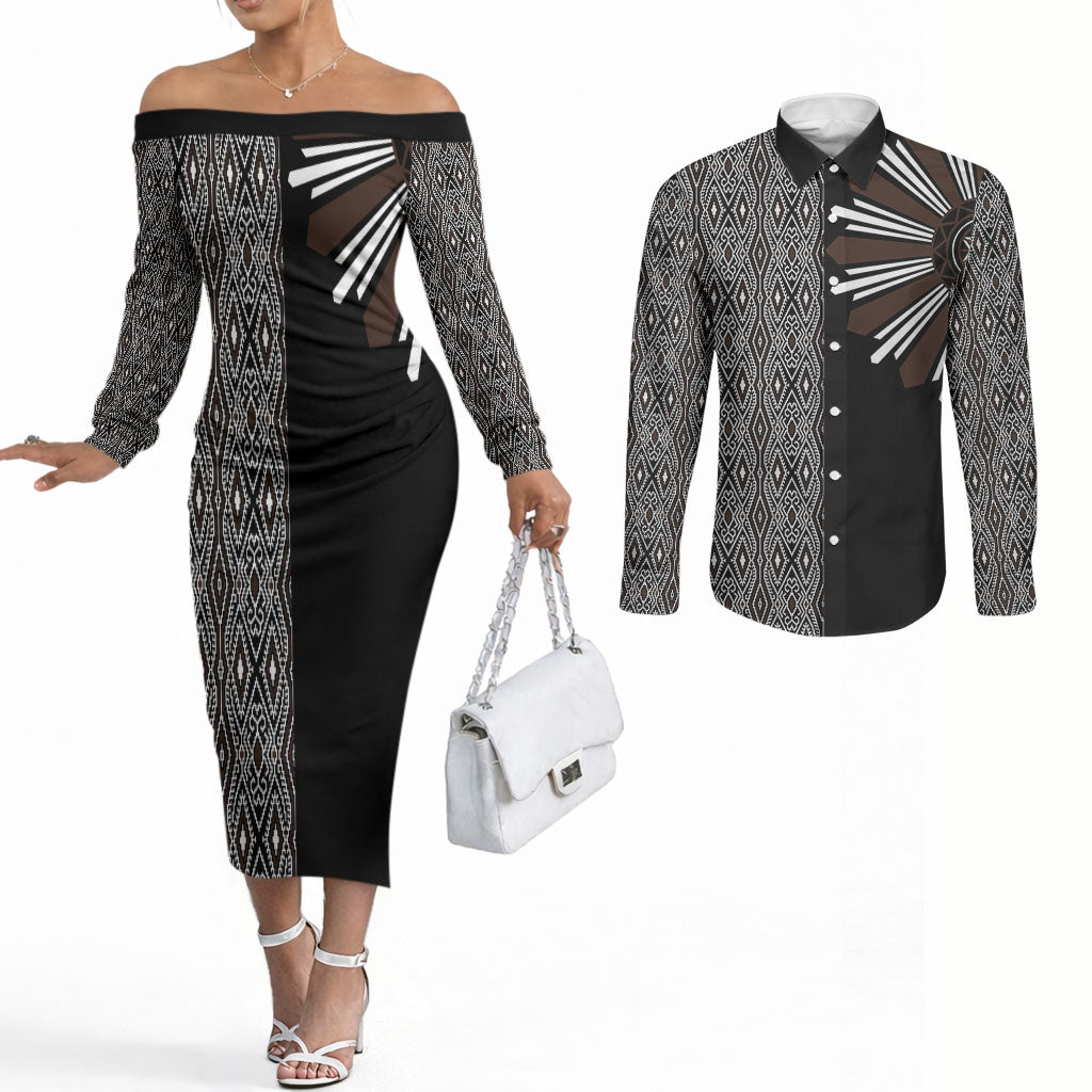 Mabuhay Philippines Festival Couples Matching Off The Shoulder Long Sleeve Dress and Long Sleeve Button Shirt Araw Tnalak Modern Filipiniana Inspired LT14 Black - Polynesian Pride