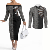 Mabuhay Philippines Festival Couples Matching Off The Shoulder Long Sleeve Dress and Long Sleeve Button Shirt Araw Tnalak Modern Filipiniana Inspired