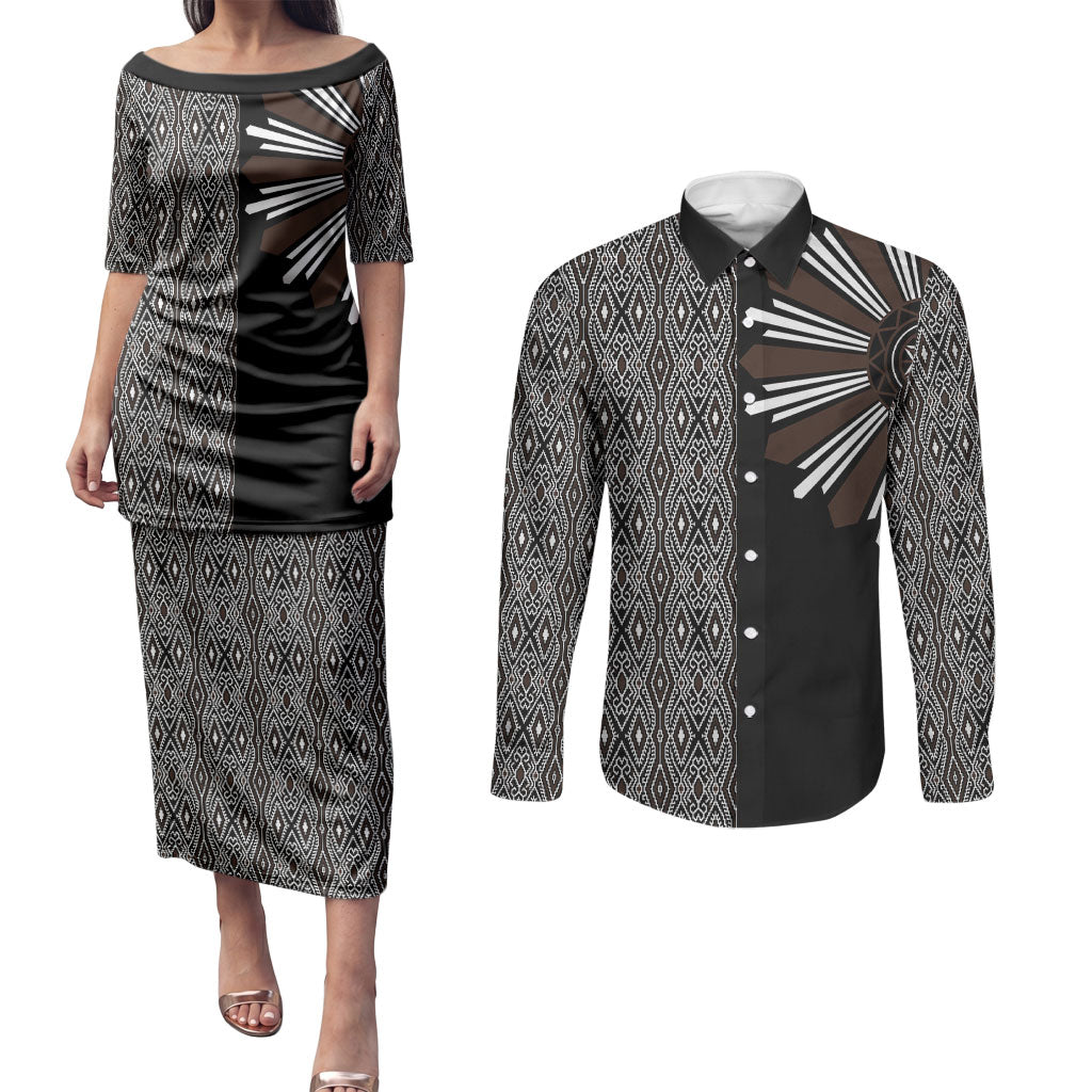 Mabuhay Philippines Festival Couples Matching Puletasi and Long Sleeve Button Shirt Araw Tnalak Modern Filipiniana Inspired LT14 Black - Polynesian Pride