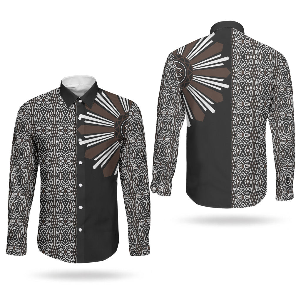 Mabuhay Philippines Festival Couples Matching Puletasi and Long Sleeve Button Shirt Araw Tnalak Modern Filipiniana Inspired