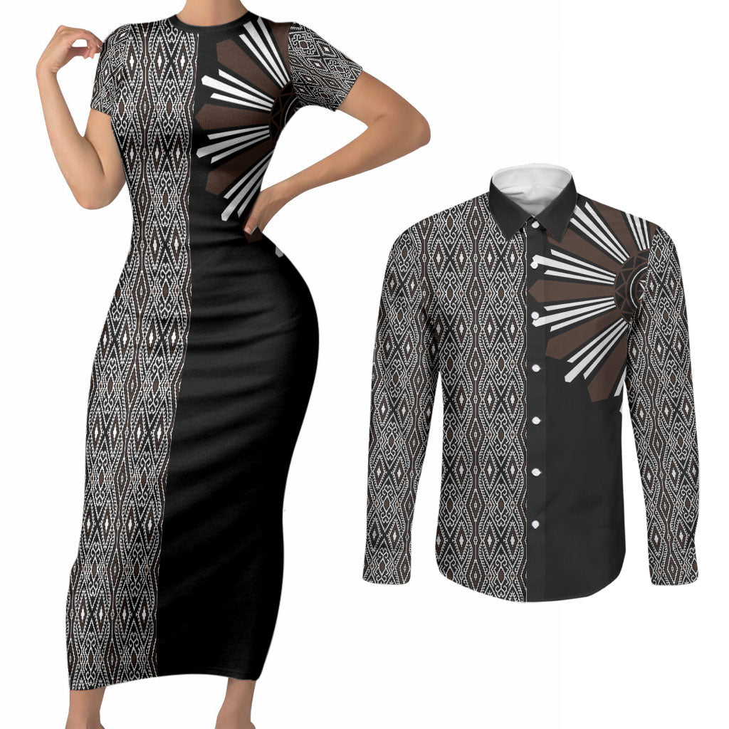 Mabuhay Philippines Festival Couples Matching Short Sleeve Bodycon Dress and Long Sleeve Button Shirt Araw Tnalak Modern Filipiniana Inspired