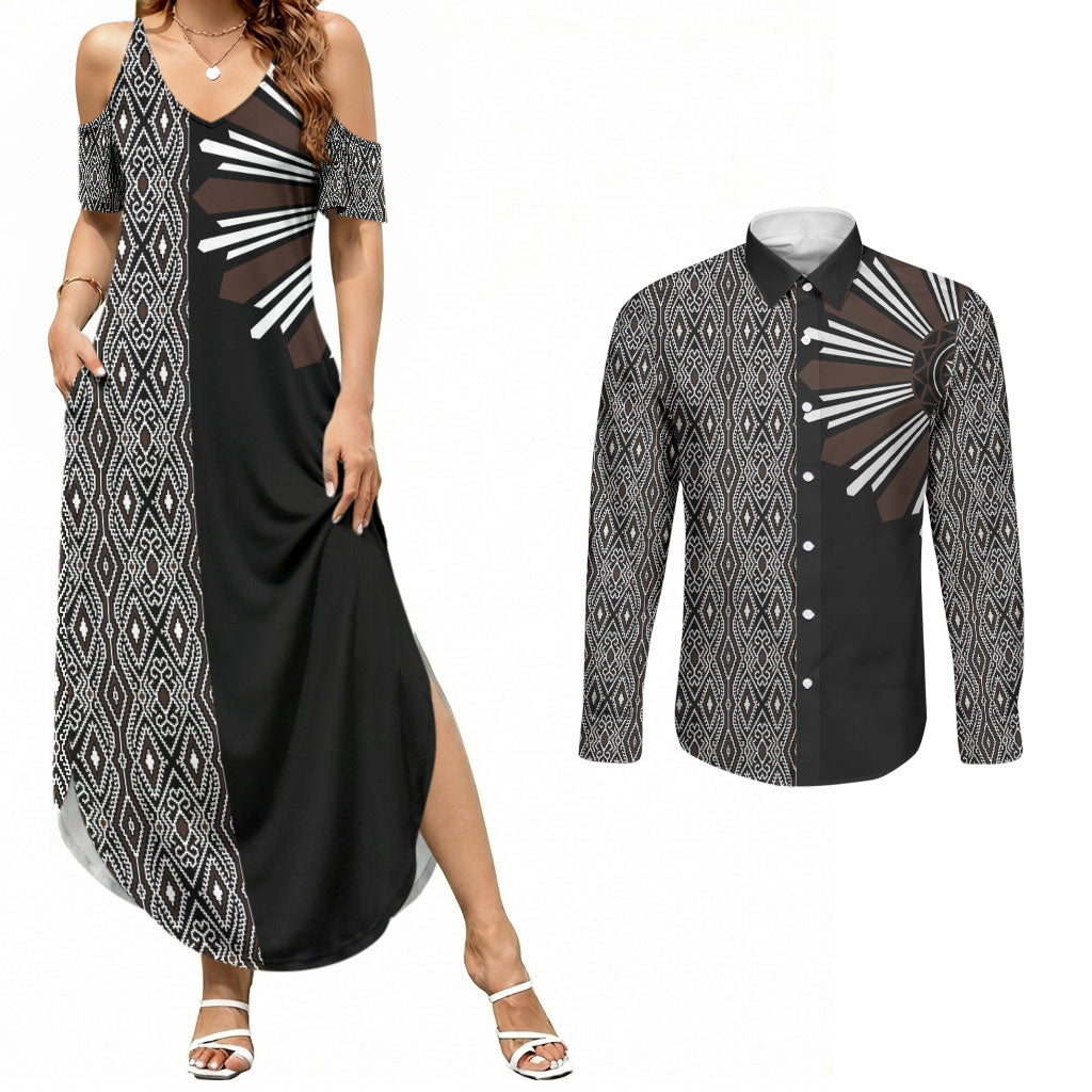 Mabuhay Philippines Festival Couples Matching Summer Maxi Dress and Long Sleeve Button Shirt Araw Tnalak Modern Filipiniana Inspired
