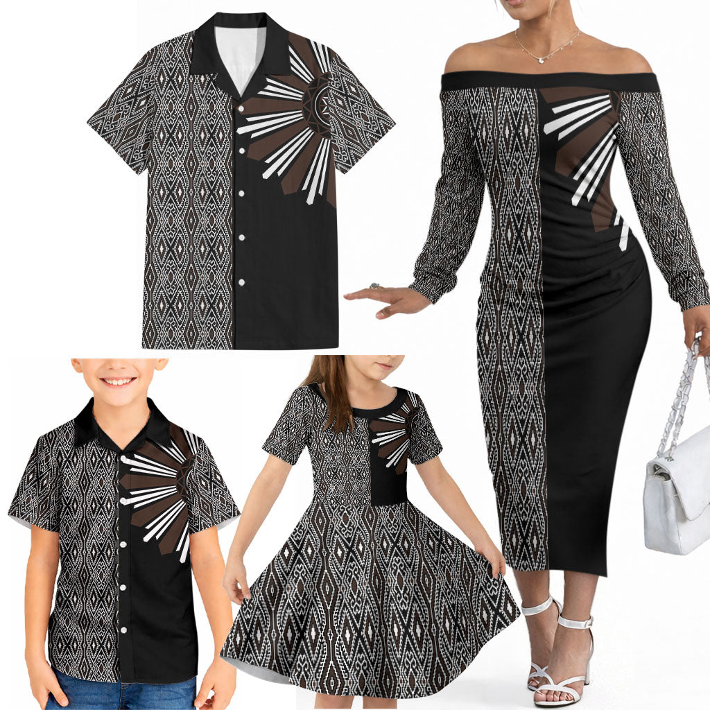 Mabuhay Philippines Festival Family Matching Off The Shoulder Long Sleeve Dress and Hawaiian Shirt Araw Tnalak Modern Filipiniana Inspired