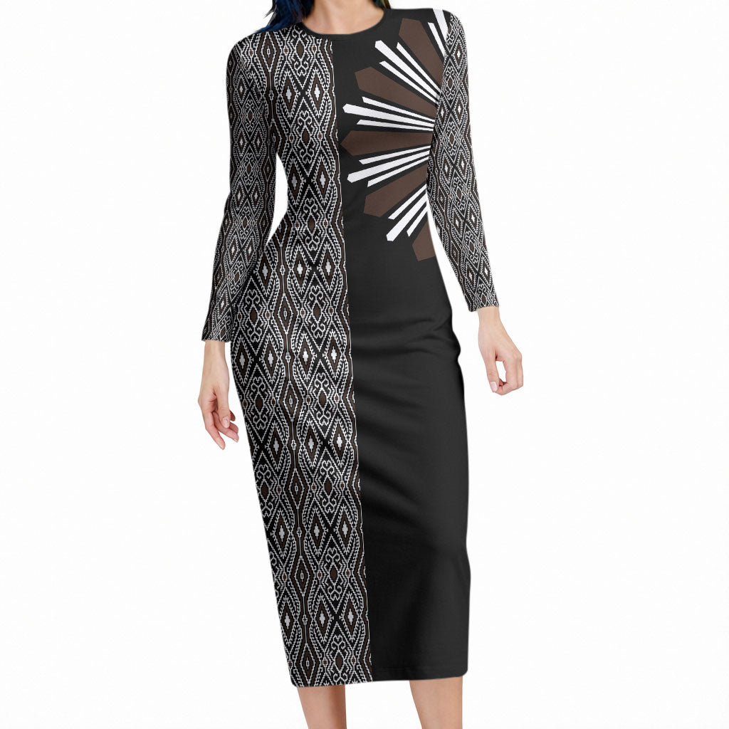 Mabuhay Philippines Festival Long Sleeve Bodycon Dress Araw Tnalak Modern Filipiniana Inspired LT14 Long Dress Black - Polynesian Pride