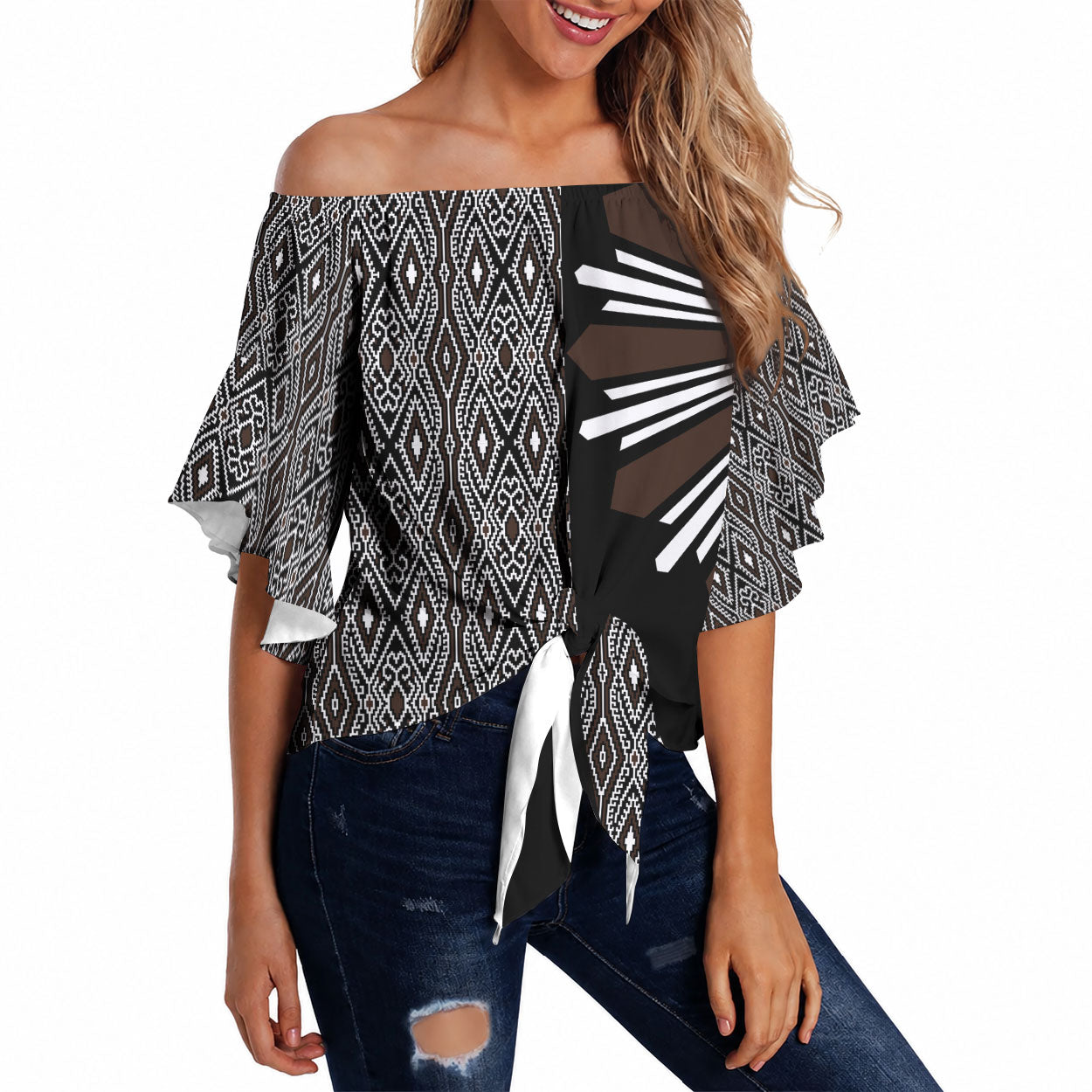 Mabuhay Philippines Festival Off Shoulder Wrap Waist Top Araw Tnalak Modern Filipiniana Inspired LT14 Black - Polynesian Pride
