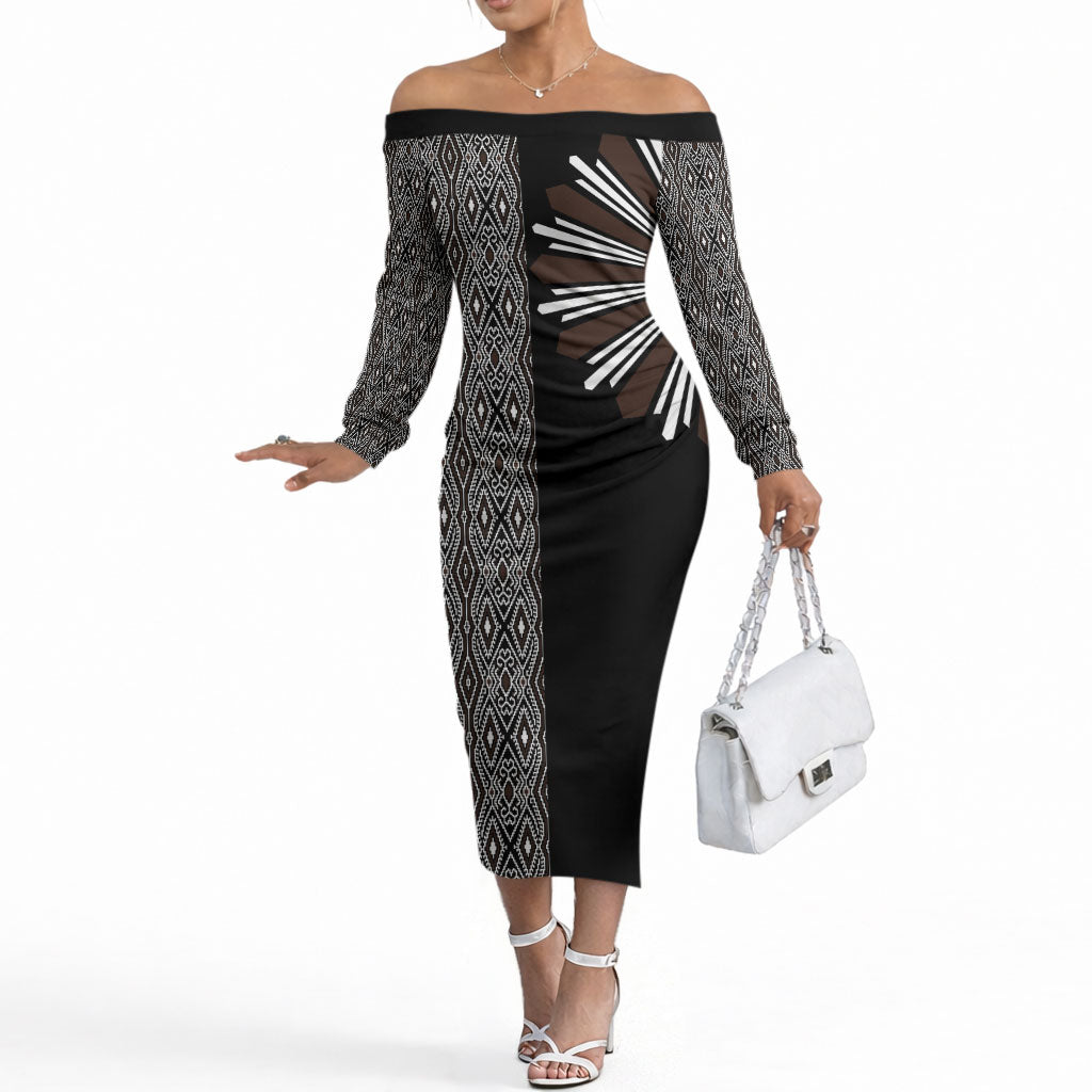 Mabuhay Philippines Festival Off The Shoulder Long Sleeve Dress Araw Tnalak Modern Filipiniana Inspired LT14 Women Black - Polynesian Pride