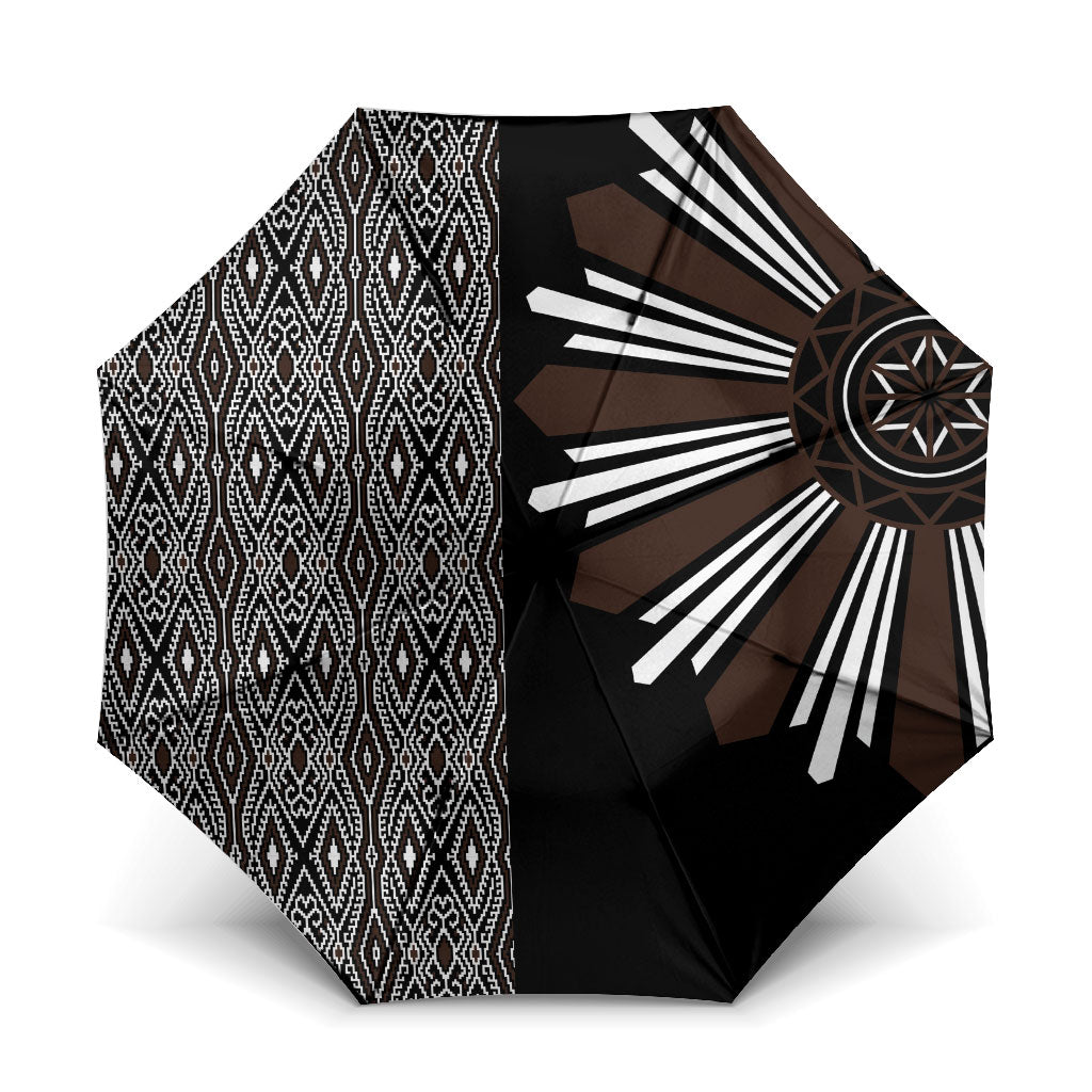 Mabuhay Philippines Festival Umbrella Araw Tnalak Modern Filipiniana Inspired LT14 One Size Folded 11.42 inch Opened Diameter 37.4 inch Black - Polynesian Pride