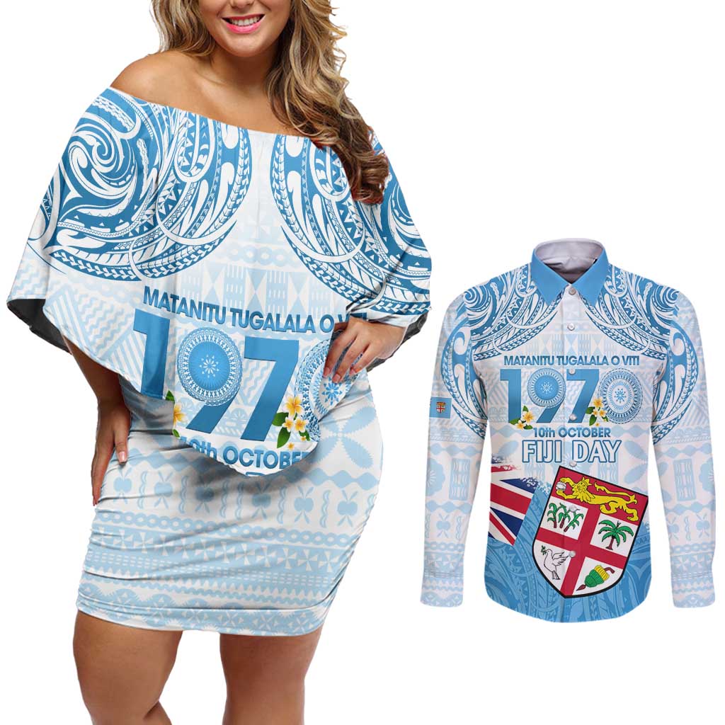 Fiji Day 1970 Couples Matching Off Shoulder Short Dress and Long Sleeve Button Shirt Proud To Be A Fijian Tapa Pattern LT14 Blue - Polynesian Pride