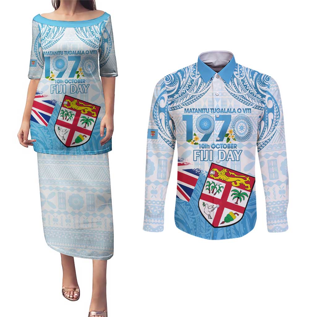 Fiji Day 1970 Couples Matching Puletasi and Long Sleeve Button Shirt Proud To Be A Fijian Tapa Pattern LT14 Blue - Polynesian Pride