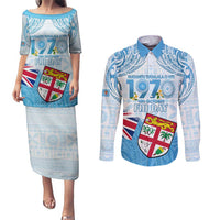 Fiji Day 1970 Couples Matching Puletasi and Long Sleeve Button Shirt Proud To Be A Fijian Tapa Pattern LT14 Blue - Polynesian Pride