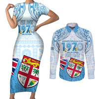 Fiji Day 1970 Couples Matching Short Sleeve Bodycon Dress and Long Sleeve Button Shirt Proud To Be A Fijian Tapa Pattern