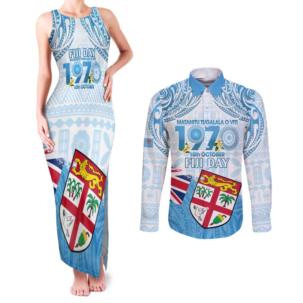 Fiji Day 1970 Couples Matching Tank Maxi Dress and Long Sleeve Button Shirt Proud To Be A Fijian Tapa Pattern LT14 Blue - Polynesian Pride