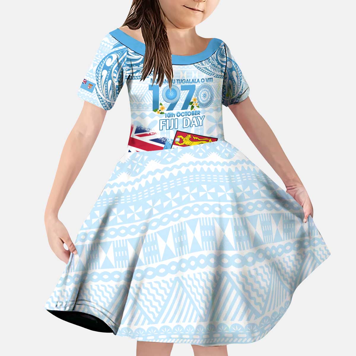 Fiji Day 1970 Kid Short Sleeve Dress Proud To Be A Fijian Tapa Pattern LT14 KID Blue - Polynesian Pride