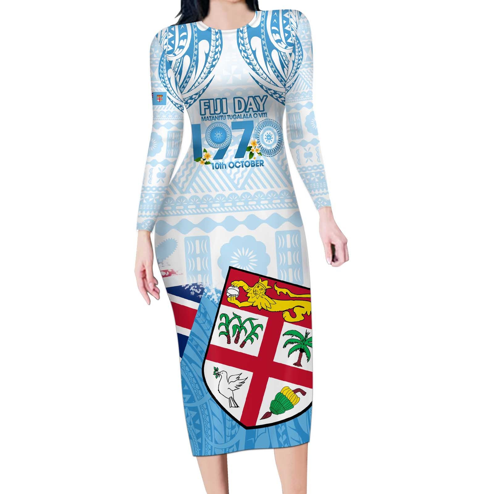 Fiji Day 1970 Long Sleeve Bodycon Dress Proud To Be A Fijian Tapa Pattern LT14 Long Dress Blue - Polynesian Pride