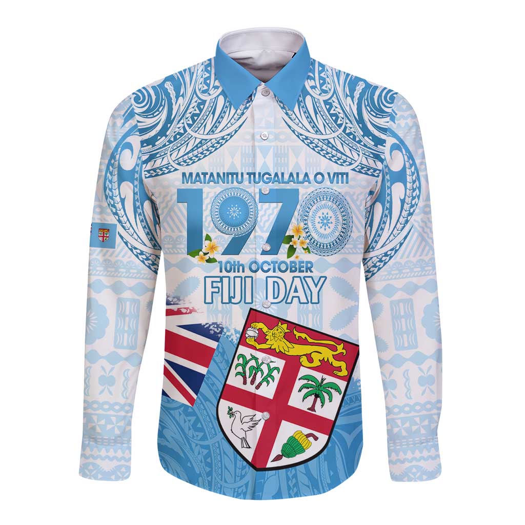 Fiji Day 1970 Long Sleeve Button Shirt Proud To Be A Fijian Tapa Pattern LT14 Unisex Blue - Polynesian Pride