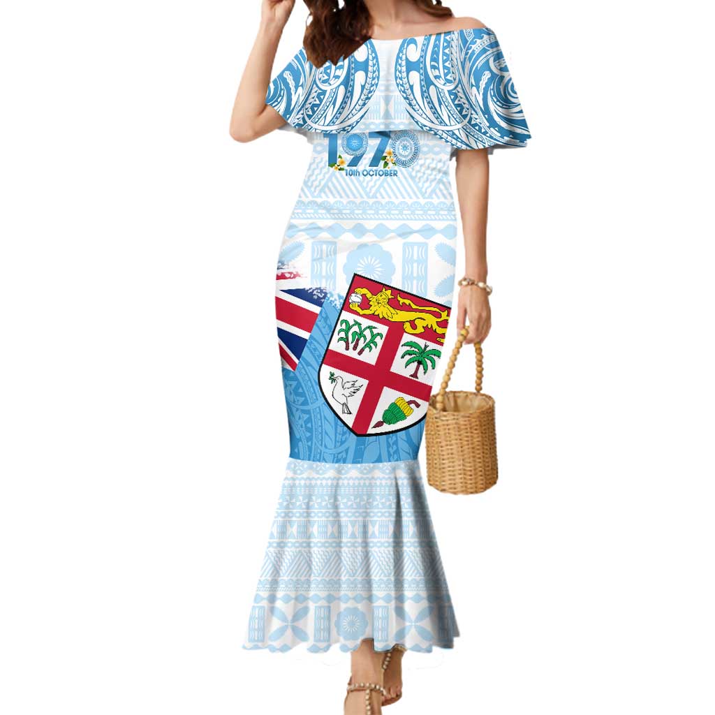 Fiji Day 1970 Mermaid Dress Proud To Be A Fijian Tapa Pattern LT14 Women Blue - Polynesian Pride