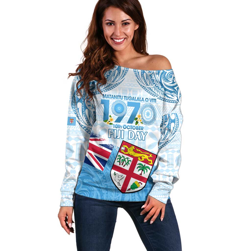 Fiji Day 1970 Off Shoulder Sweater Proud To Be A Fijian Tapa Pattern LT14 Women Blue - Polynesian Pride