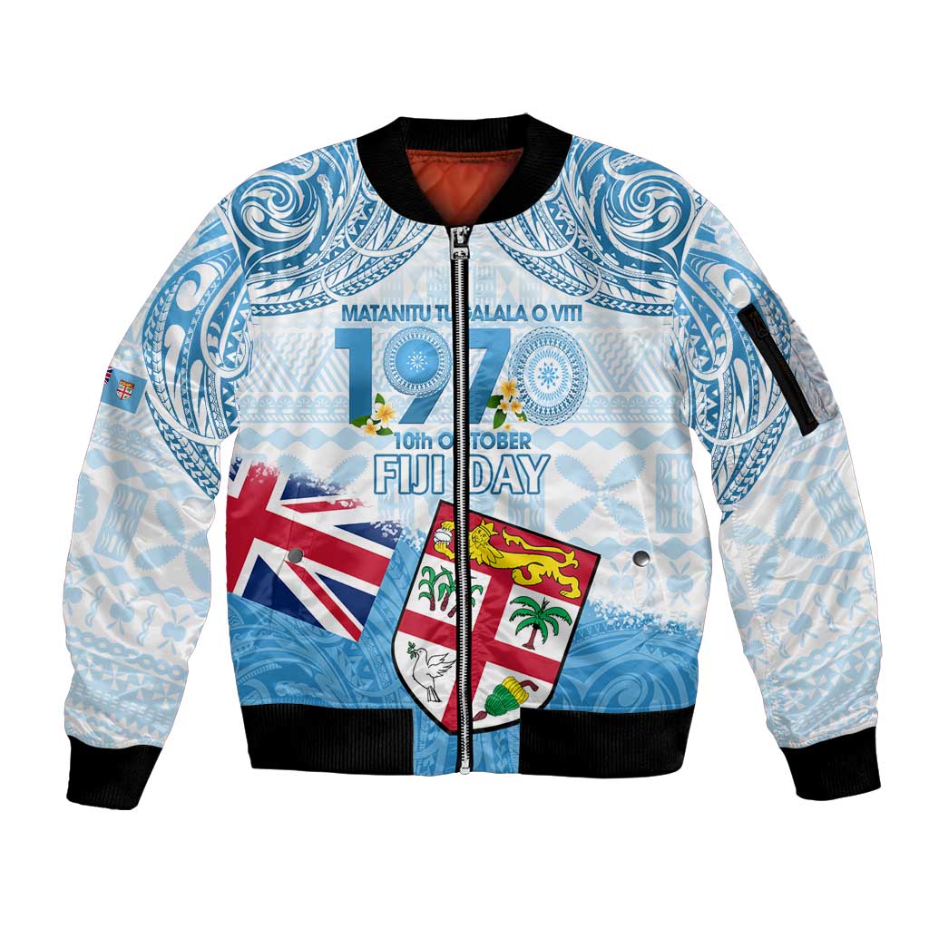Fiji Day 1970 Sleeve Zip Bomber Jacket Proud To Be A Fijian Tapa Pattern LT14 Unisex Blue - Polynesian Pride