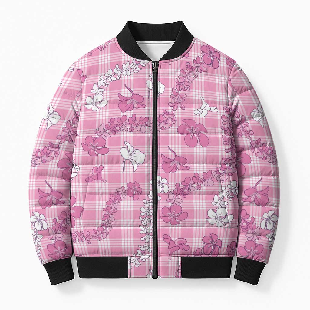 Alaka Aloha Hawaii Bomber Puffer Jacket Plumeria Lei With Palaka Motif LT14 Unisex Pink - Polynesian Pride