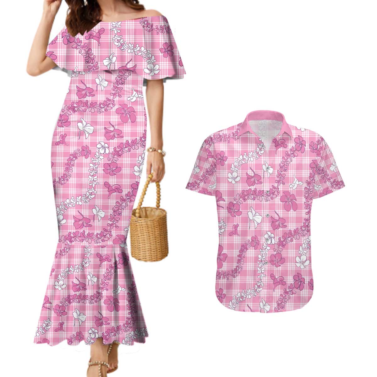 Alaka Aloha Hawaii Couples Matching Mermaid Dress and Hawaiian Shirt Plumeria Lei With Palaka Motif - Polynesian Pride