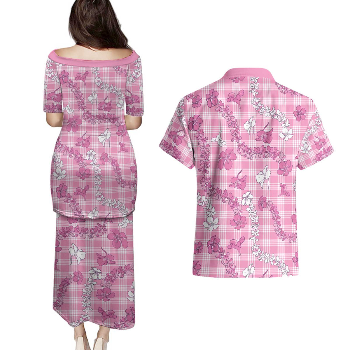 Alaka Aloha Hawaii Couples Matching Puletasi and Hawaiian Shirt Plumeria Lei With Palaka Motif - Polynesian Pride