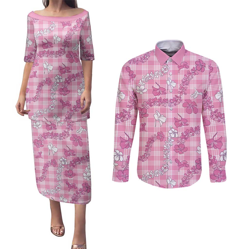 Alaka Aloha Hawaii Couples Matching Puletasi and Long Sleeve Button Shirt Plumeria Lei With Palaka Motif - Polynesian Pride