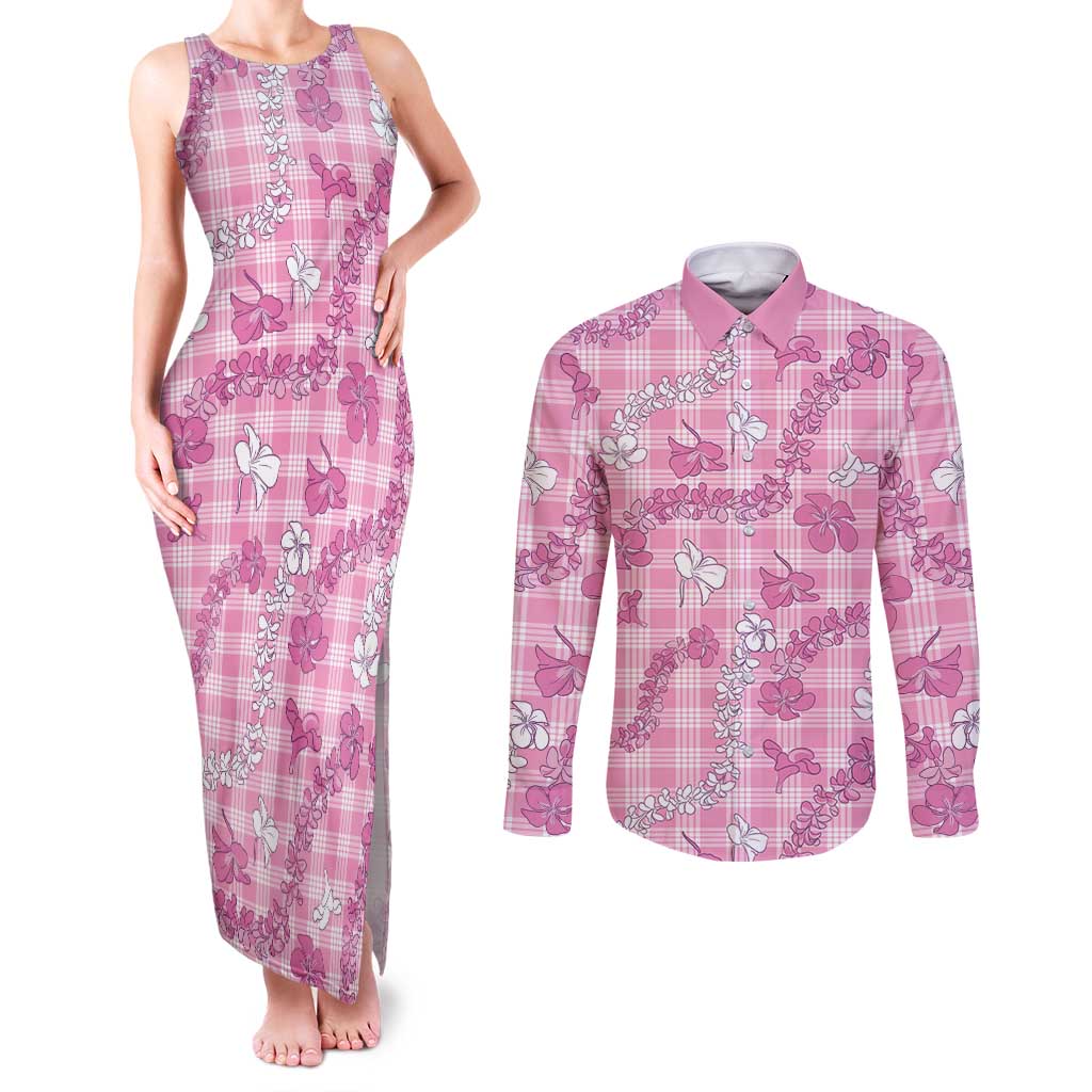 Alaka Aloha Hawaii Couples Matching Tank Maxi Dress and Long Sleeve Button Shirt Plumeria Lei With Palaka Motif - Polynesian Pride