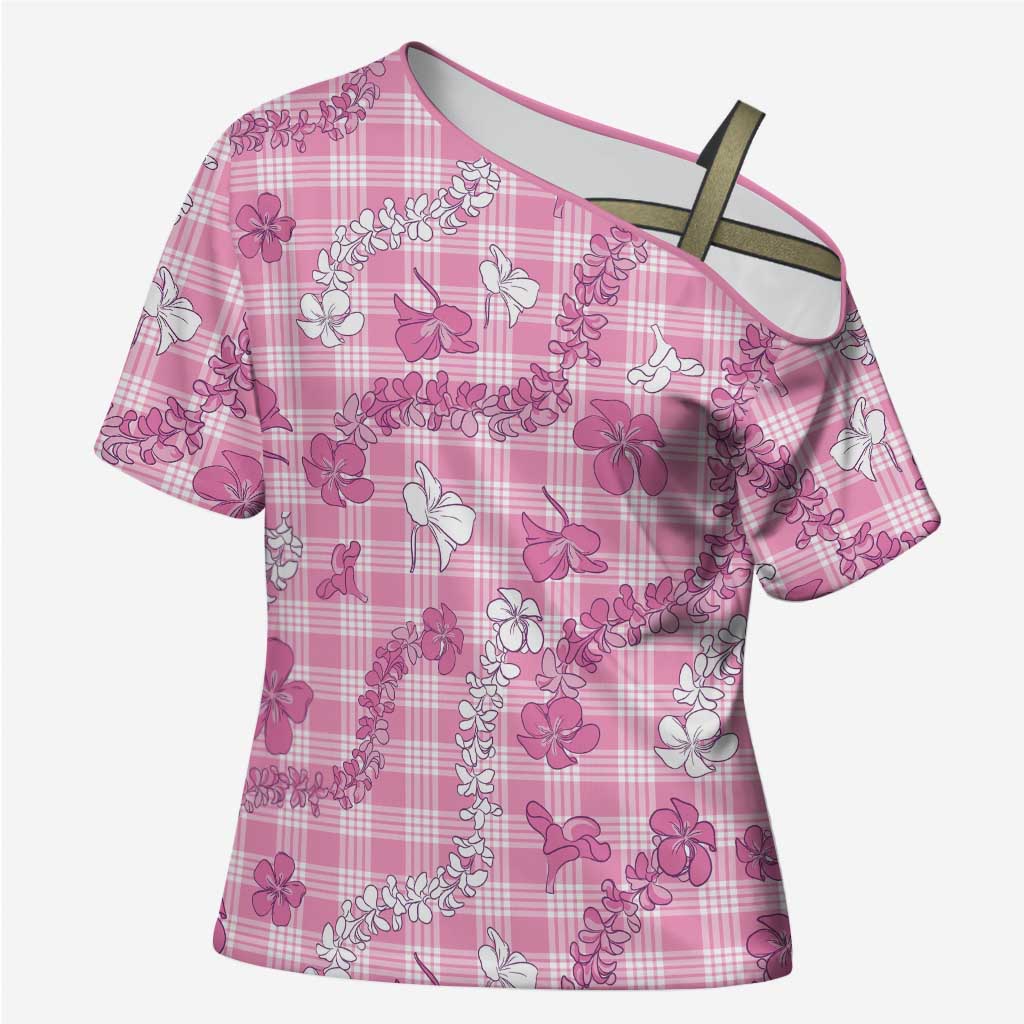 Alaka Aloha Hawaii Cross Shoulder Shirt Plumeria Lei With Palaka Motif LT14 Female Pink - Polynesian Pride