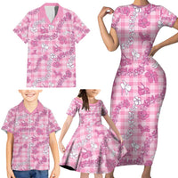 Alaka Aloha Hawaii Family Matching Short Sleeve Bodycon Dress and Hawaiian Shirt Plumeria Lei With Palaka Motif - Polynesian Pride