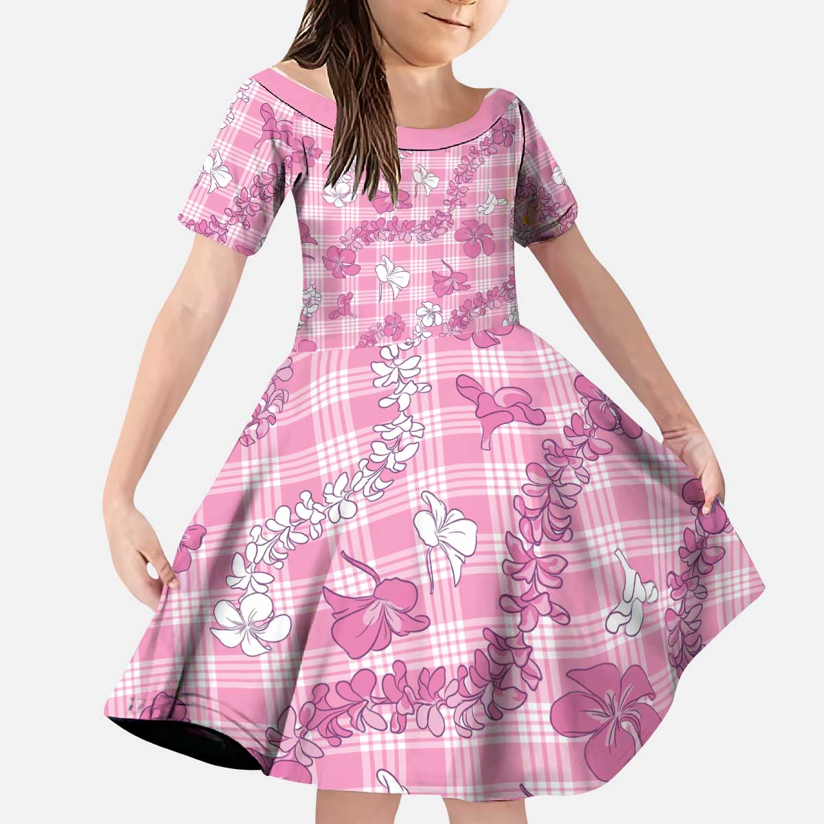 Alaka Aloha Hawaii Kid Short Sleeve Dress Plumeria Lei With Palaka Motif - Polynesian Pride