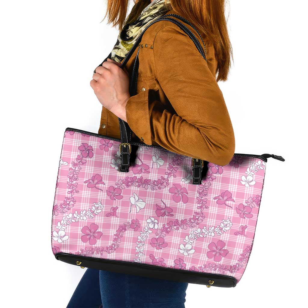 Alaka Aloha Hawaii Leather Tote Bag Plumeria Lei With Palaka Motif - Polynesian Pride