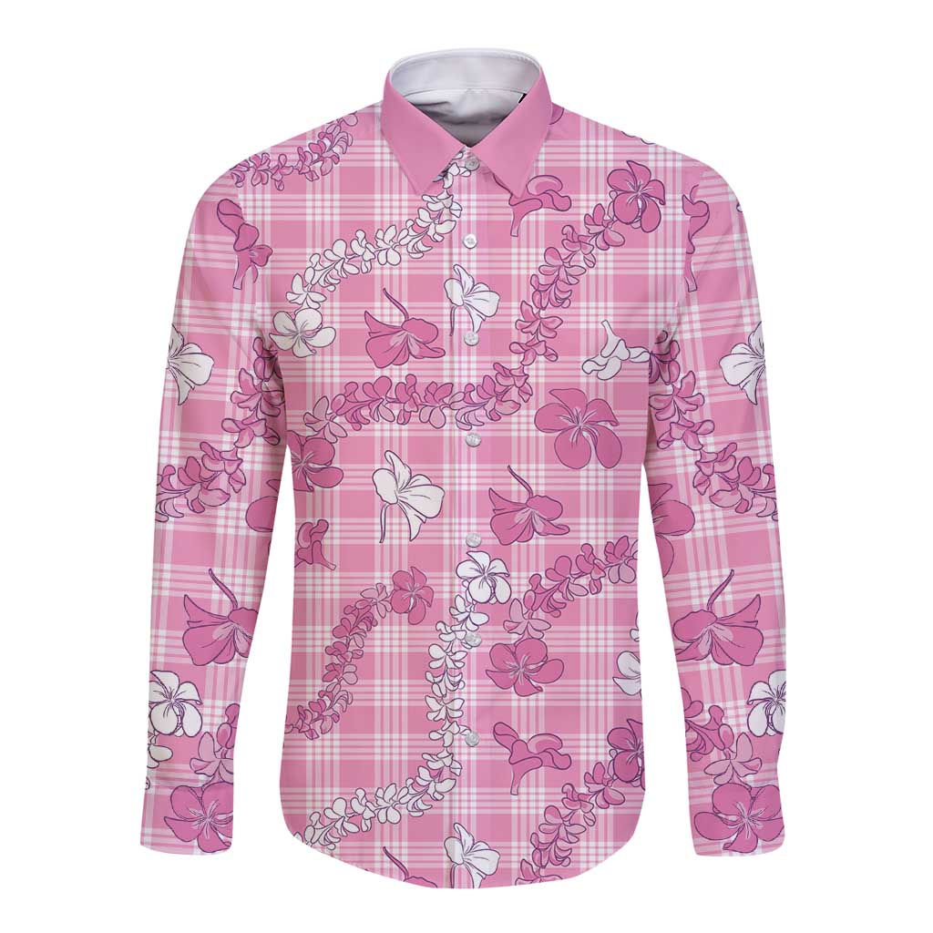 Alaka Aloha Hawaii Long Sleeve Button Shirt Plumeria Lei With Palaka Motif LT14 Unisex Pink - Polynesian Pride