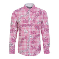 Alaka Aloha Hawaii Long Sleeve Button Shirt Plumeria Lei With Palaka Motif LT14 Unisex Pink - Polynesian Pride